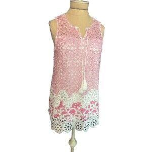 OSO Cauals Summer Dress Chic Feminine Pink/White Lace Hem XS
